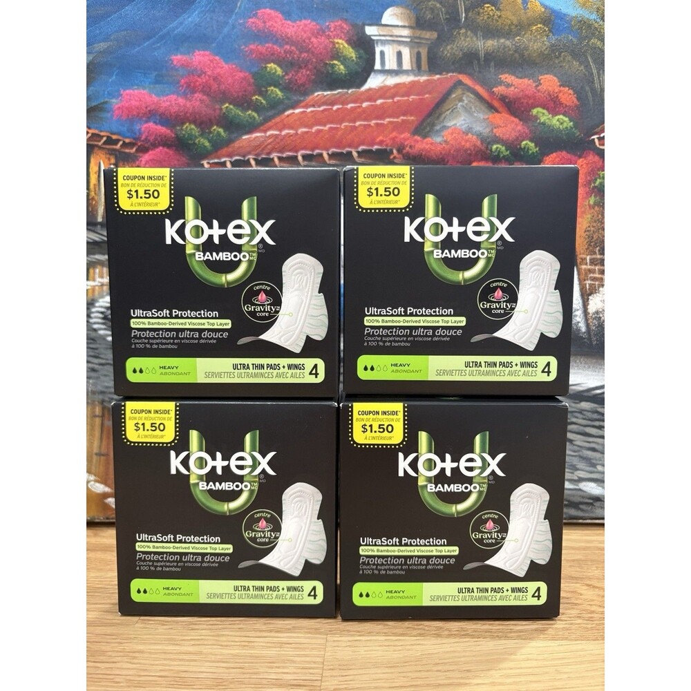 U by Kotex Bamboo Ultra Thin Pads Heavy with Wings 4 Ct Lot of 4 New Sealed